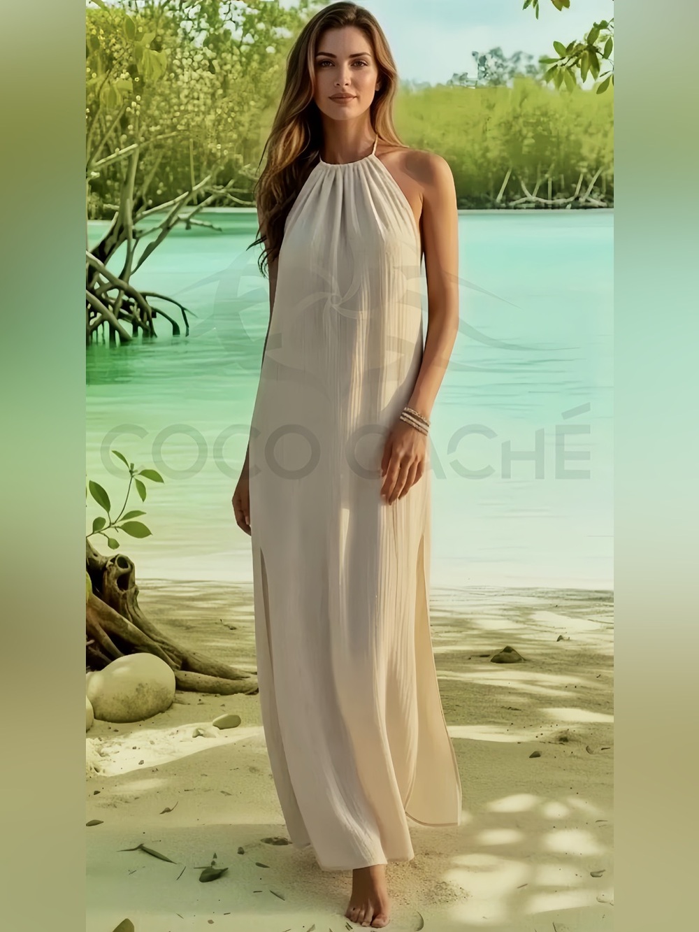 Desert Sand Bohemian Halter Backless Split Thigh Cotton Casual Summer Dress